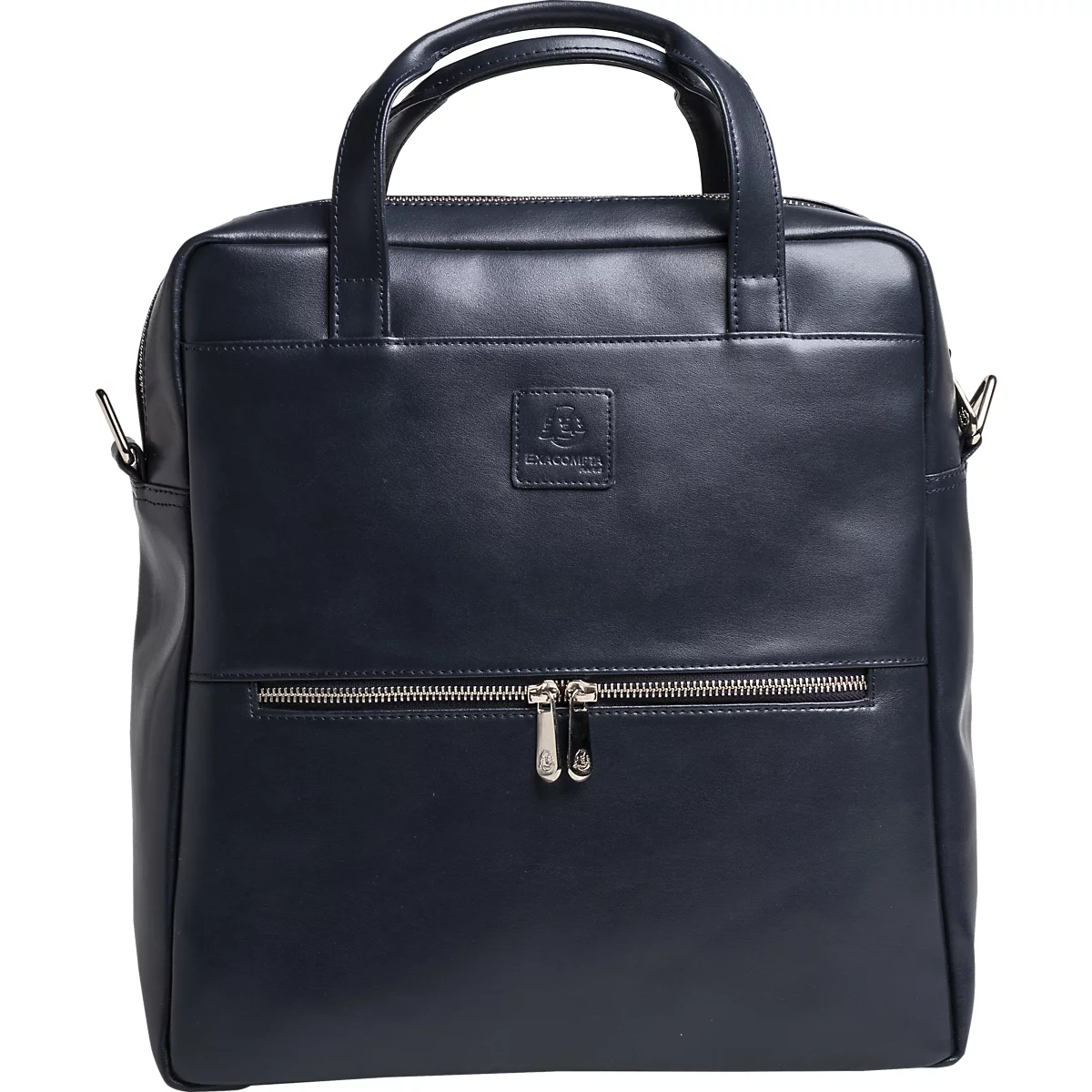 Dunkelblaue Ledertasche mit Tragegriffen und Reißverschluss. Auf der Vorderseite ein kleines Markenlogo.