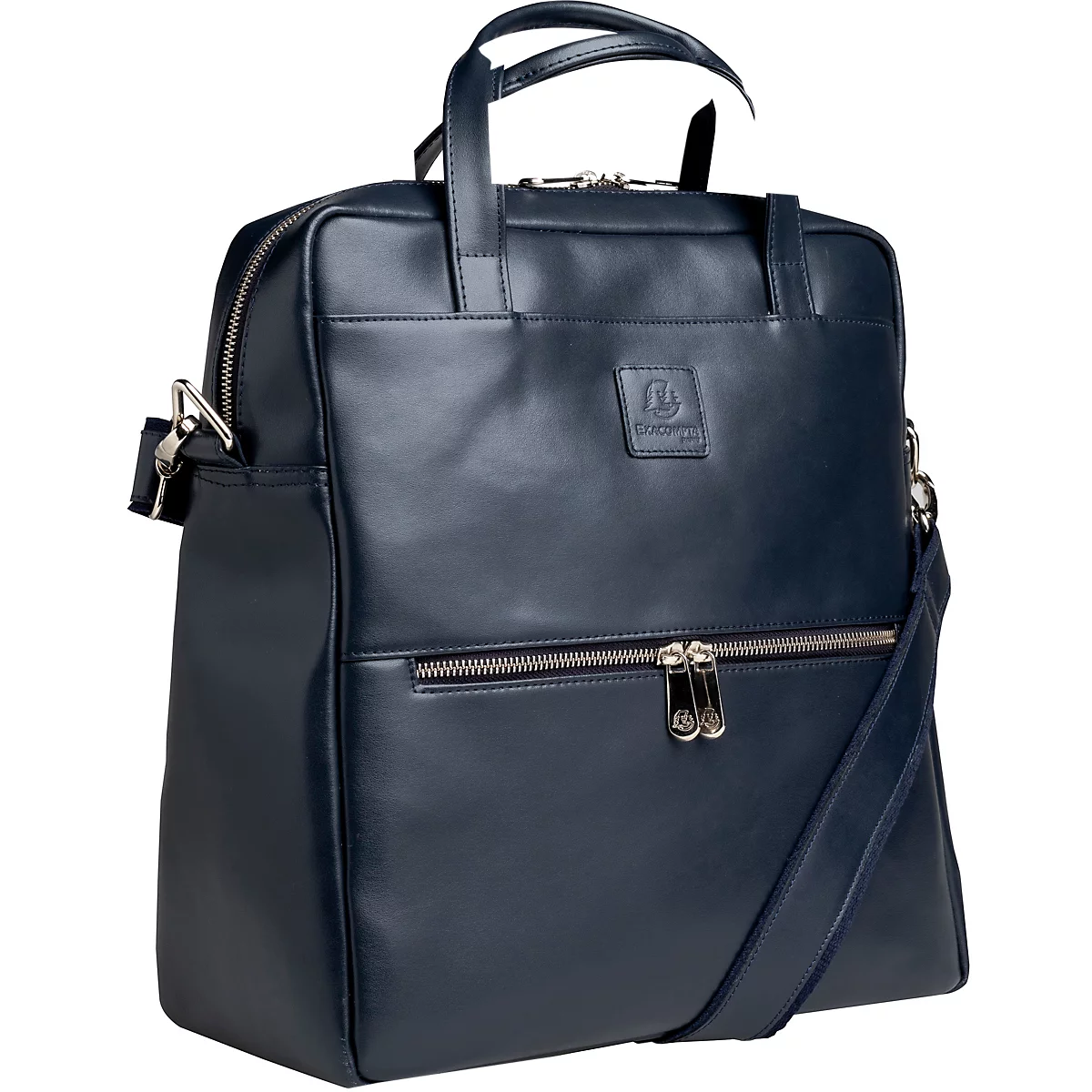 Sac en cuir bleu foncé avec poignée, bandoulière et fermetures éclair.