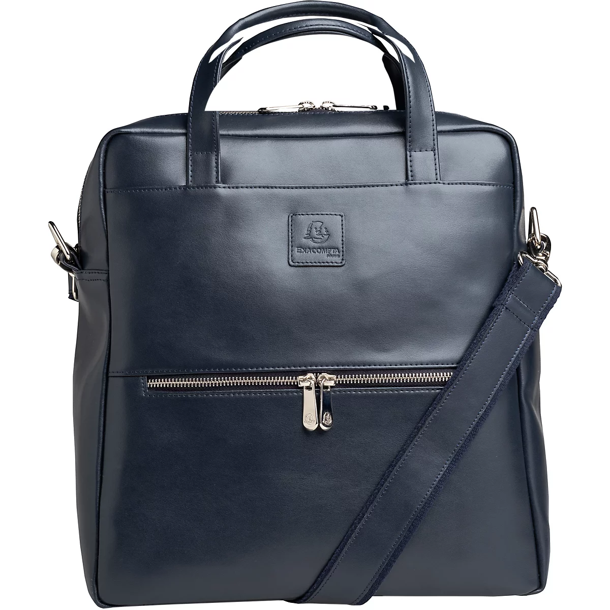 Serviette en cuir bleu foncé avec poignées, bandoulière et fermeture éclair.