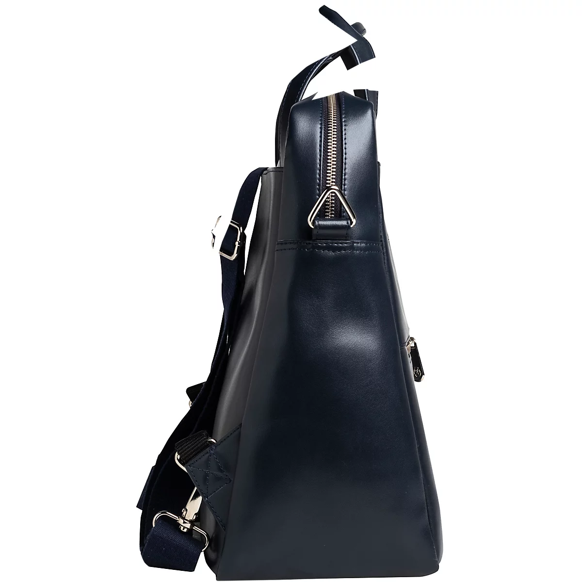 Sac en cuir bleu foncé avec des sangles. Vue latérale avec fermeture éclair et détails argentés.