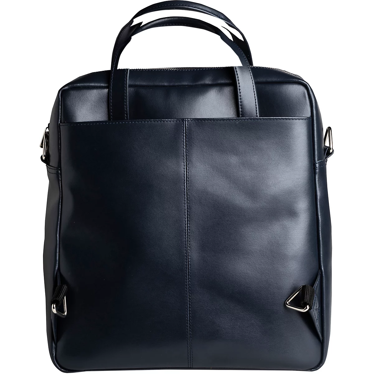Sac en cuir bleu foncé avec poignées et bandoulière, poche avant et ferrures argentées.
