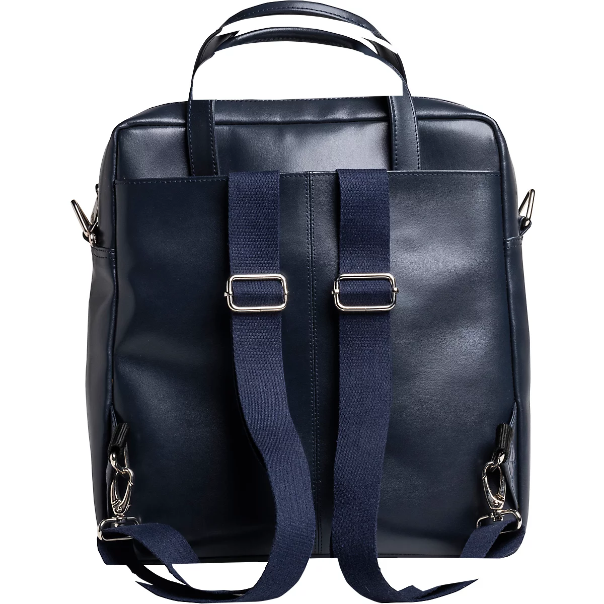 Sac à dos bleu avec poignées de transport et bretelles bleues. Les boucles sont argentées.