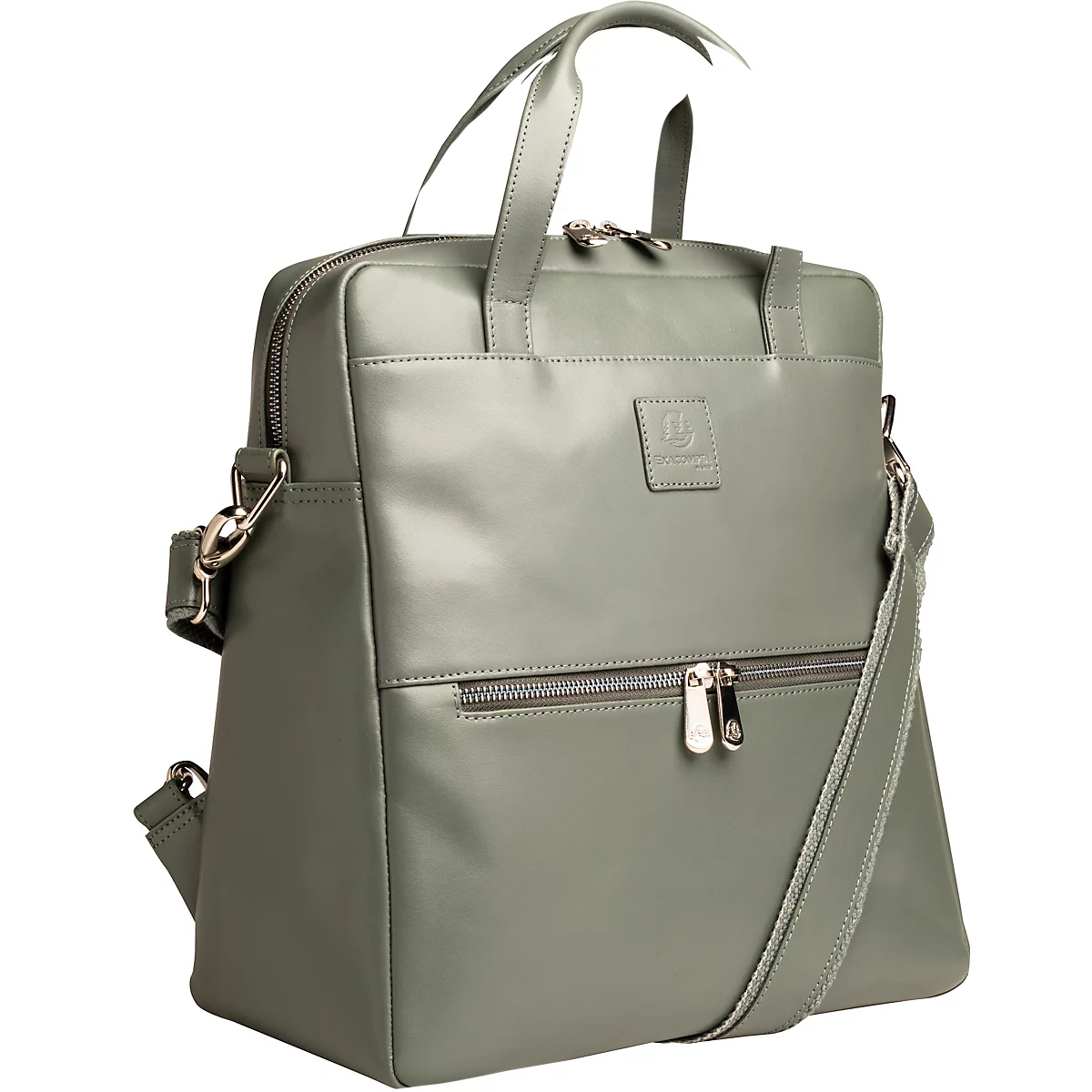 Sac en cuir vert clair avec poignées et bandoulière amovible. Il y a une poche zippée sur le devant.