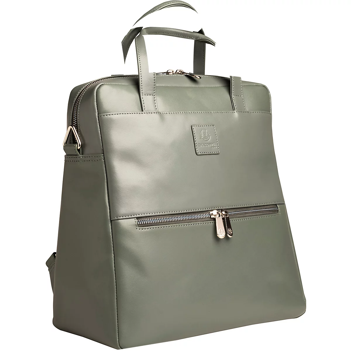 Sac à dos en cuir vert clair avec fermeture éclair, poignée et logo.