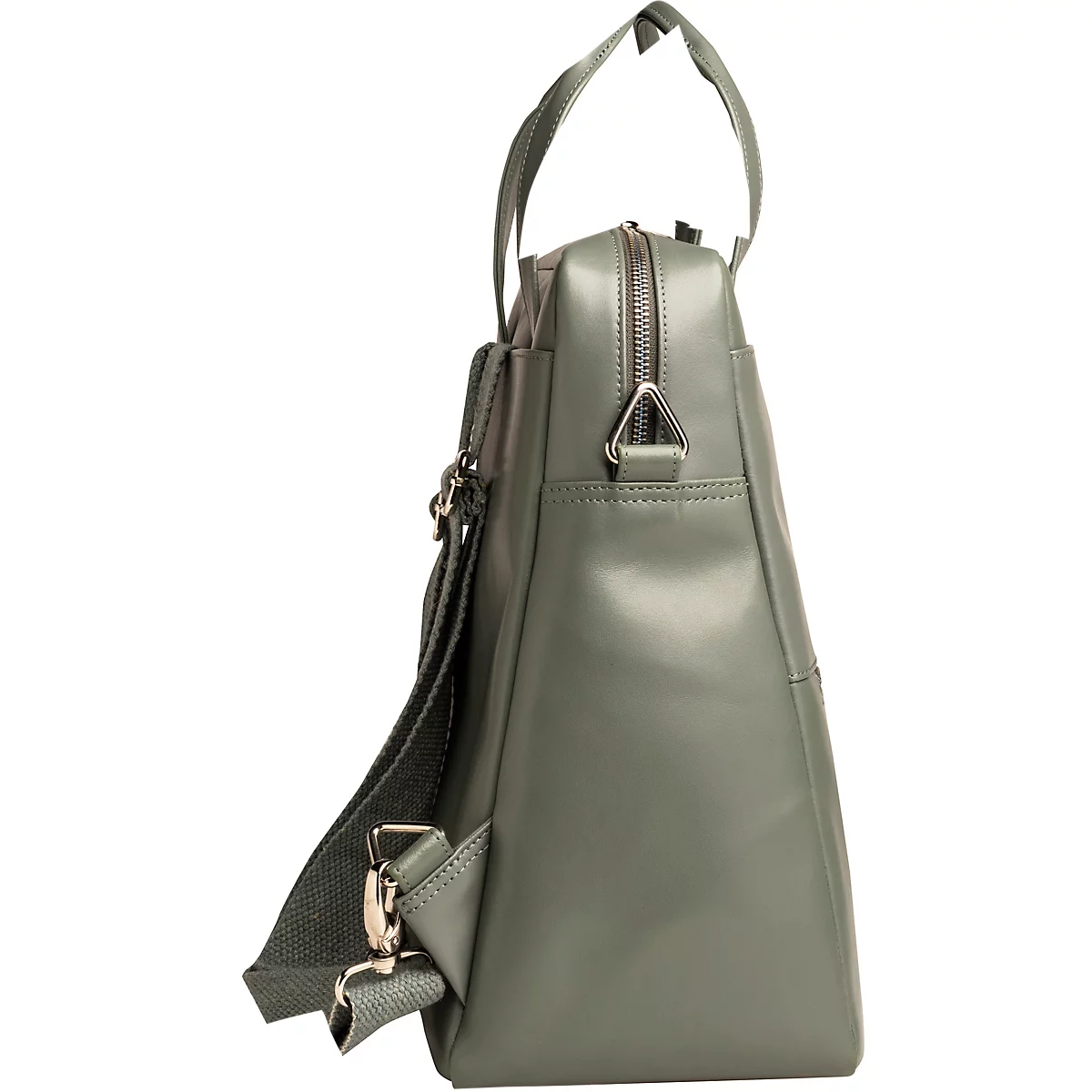 Sac en cuir vert clair avec poignée et bandoulière. Fermeture éclair et éléments métalliques argentés.