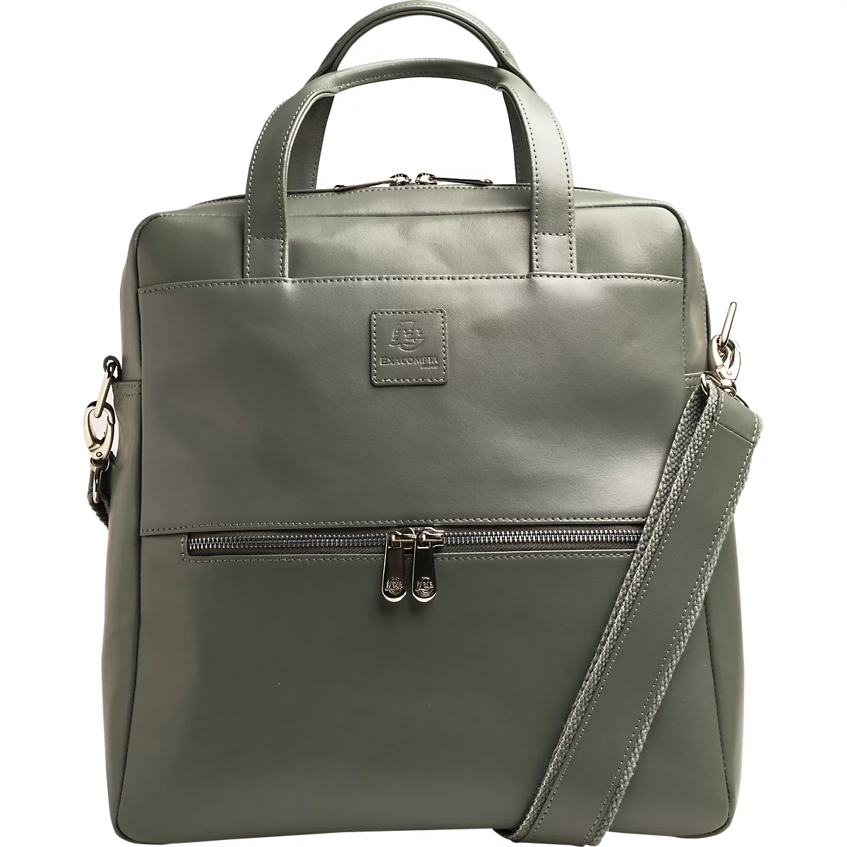 Sac en cuir gris avec poignée et bandoulière. Deux fermetures éclair et un carré avec logo sur le devant.