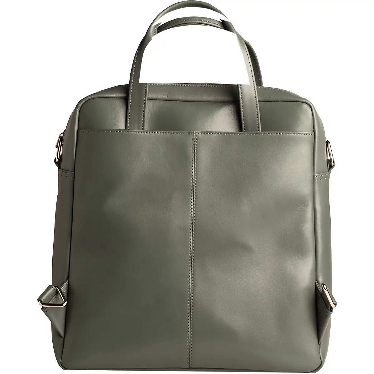 Sac à dos vert clair avec poignées et bretelles. Le sac à dos a une forme rectangulaire, avec une fermeture à glissière verticale au milieu.