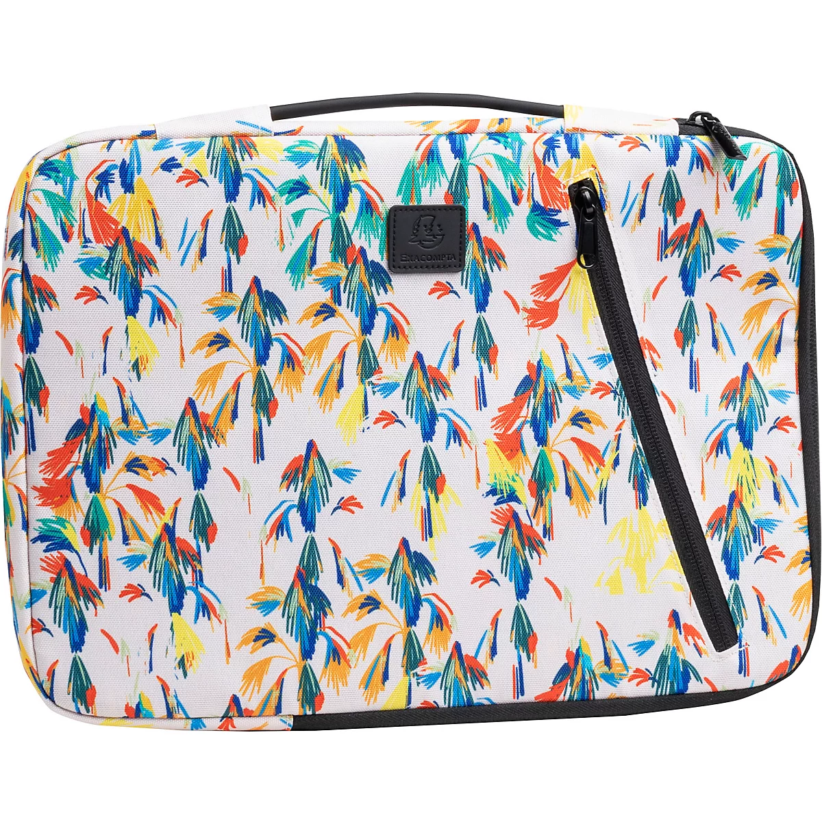 Reisetasche mit Palmenmuster, schwarzem Griff und Reißverschluss.