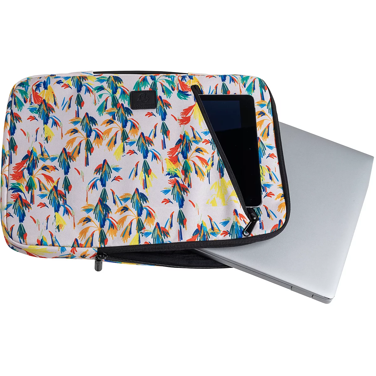 Laptop-Tasche mit bunten Blättern, Tablet und Laptop teilweise sichtbar.