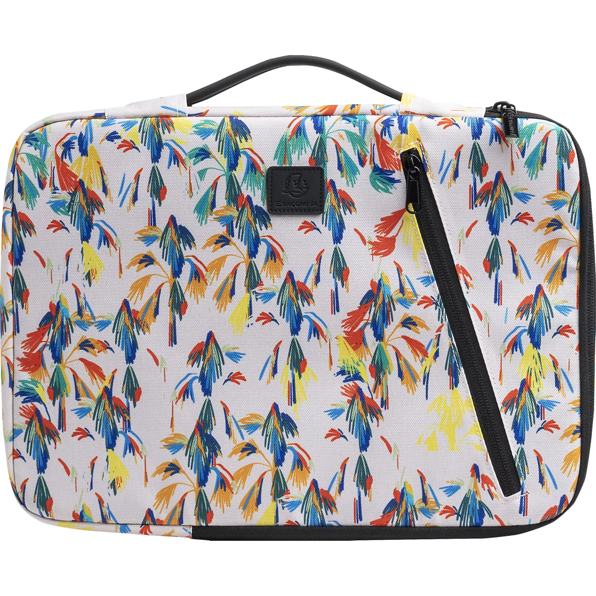 Bunte Laptop-Tasche mit Palmenmuster, schwarzem Reißverschluss, Griff und Logo.