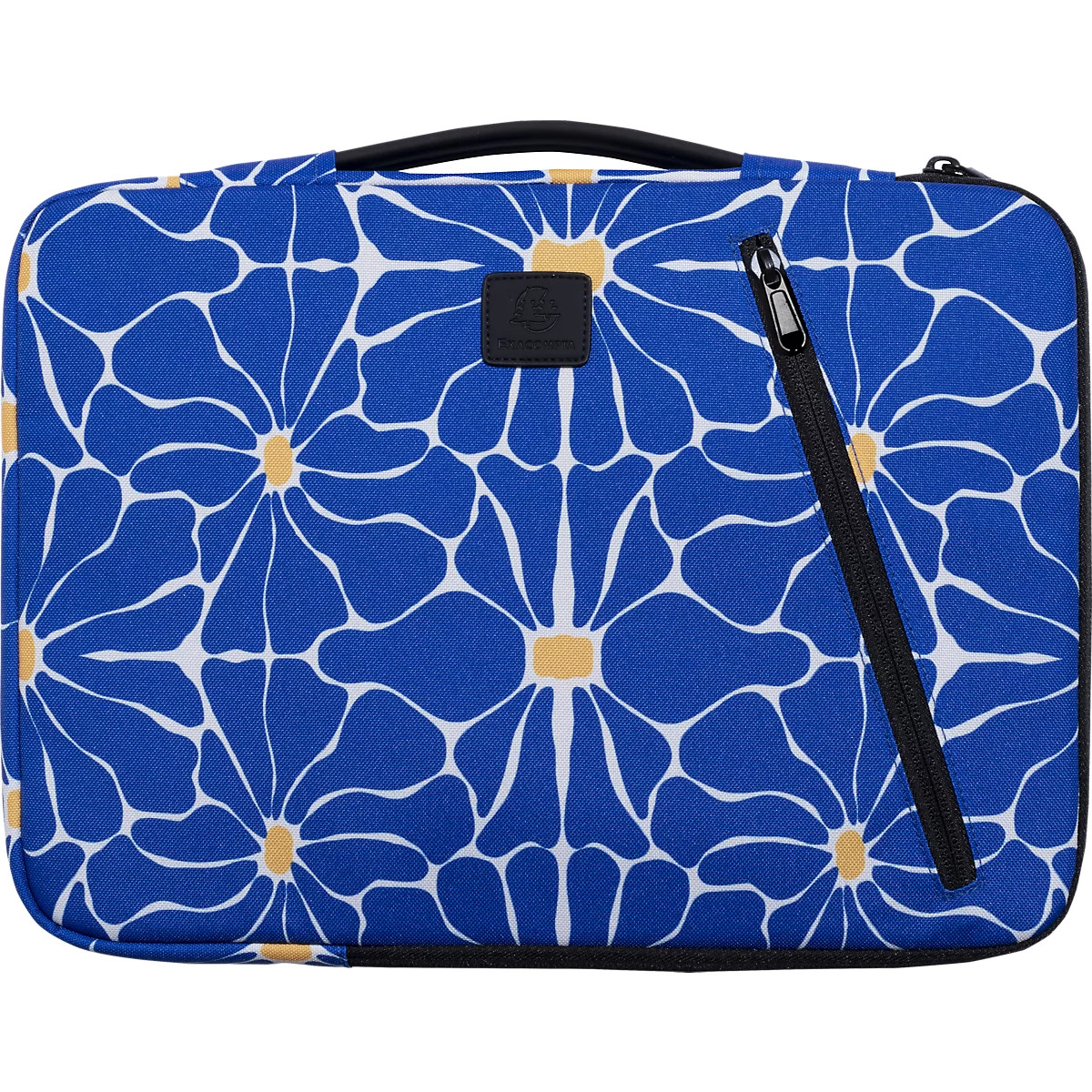 Blaue Laptoptasche mit weißen blütenartigen Mustern und gelben Zentren. Mit schwarzem Griff und Reißverschluss.