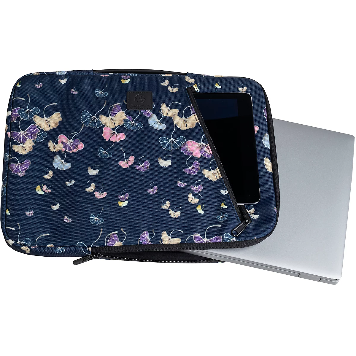 Dunkelblaue Laptoptasche mit Blumenmuster, Reißverschluss und offenem Fach, aus dem ein Laptop herausragt.
