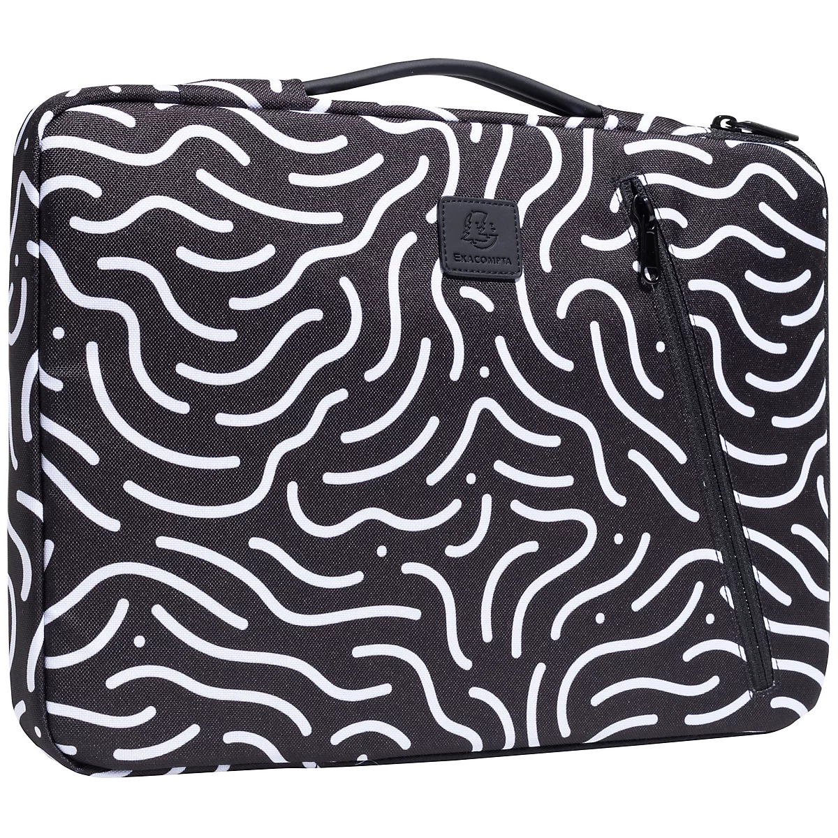 Schwarze Tasche mit weißem Wellenmuster, Reißverschluss und Tragegriff. Ein kleines Logo ist zu sehen.