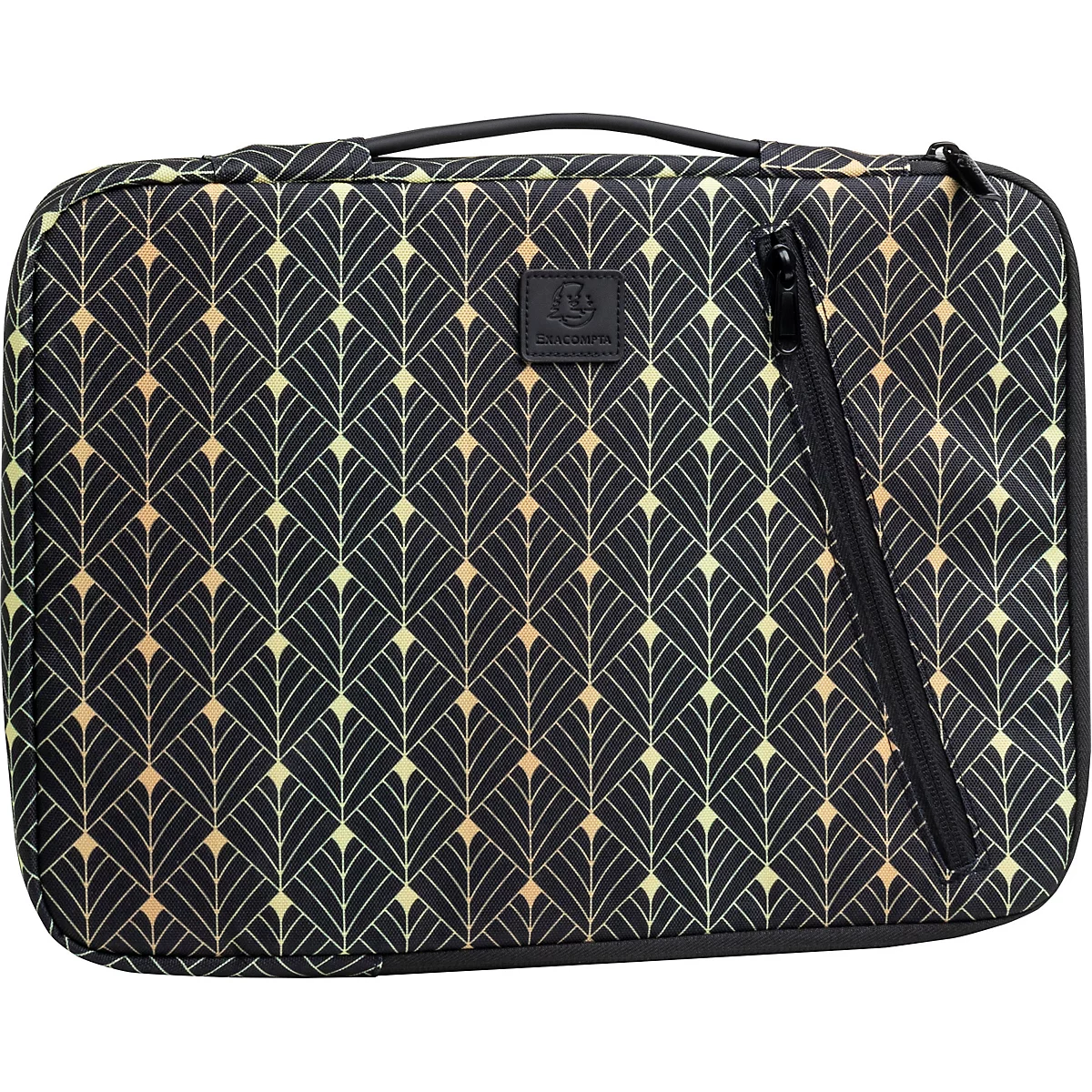Schwarze Tasche mit goldenem geometrischen Muster, Tragegriff und Reißverschluss.