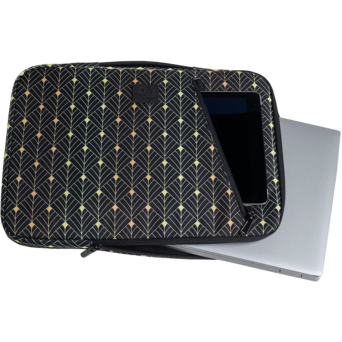 Schwarze Laptoptasche mit Muster, Tablet und Laptop stecken drin.