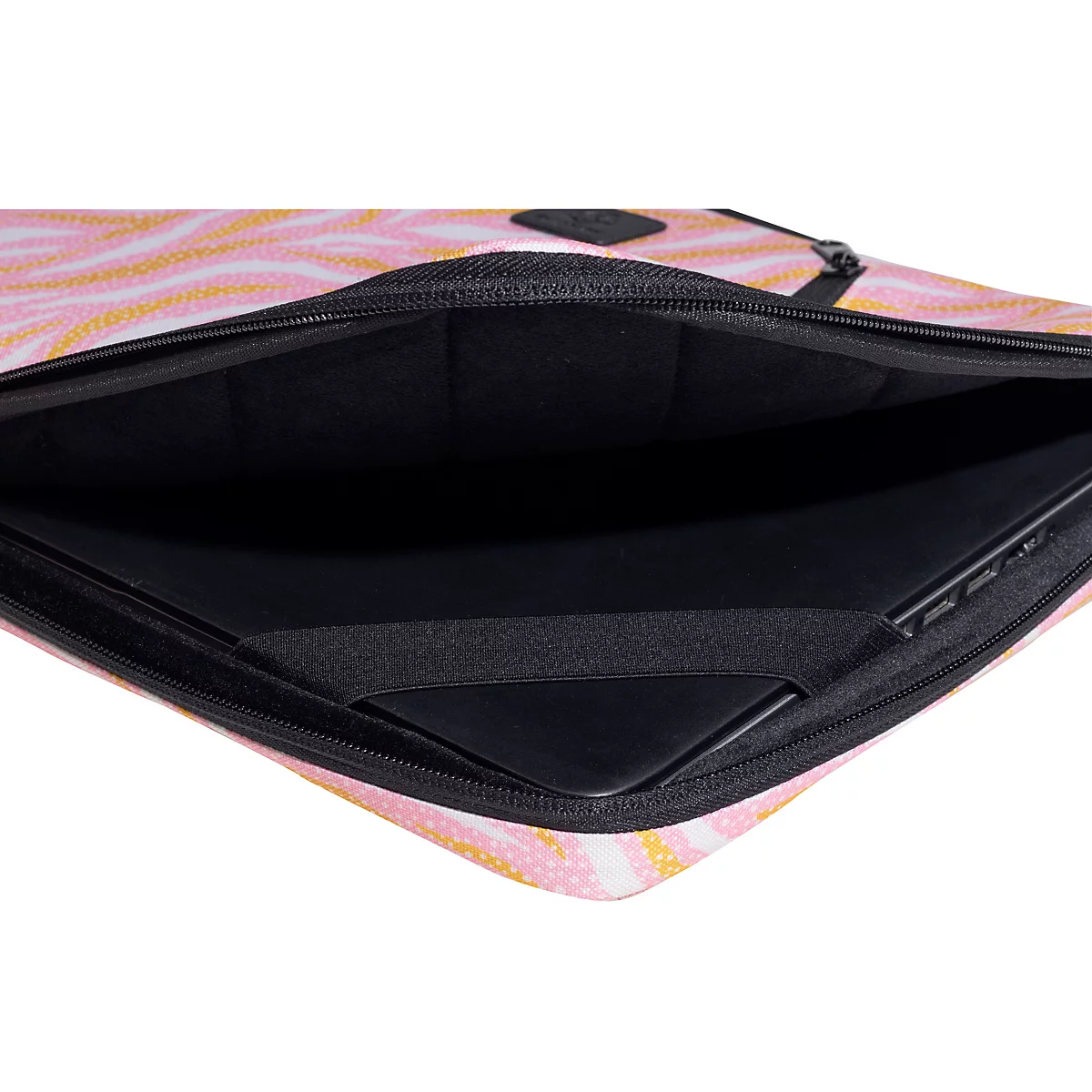 Eine pinke Laptoptasche mit gelben Streifen und einem schwarzen Reißverschluss, in der ein Laptop liegt.