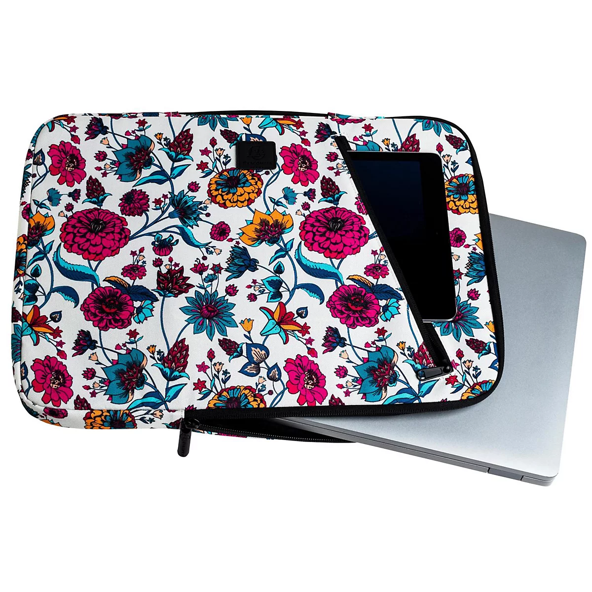 Laptop-Tasche mit Blumenmuster, Laptop wird herausgezogen.