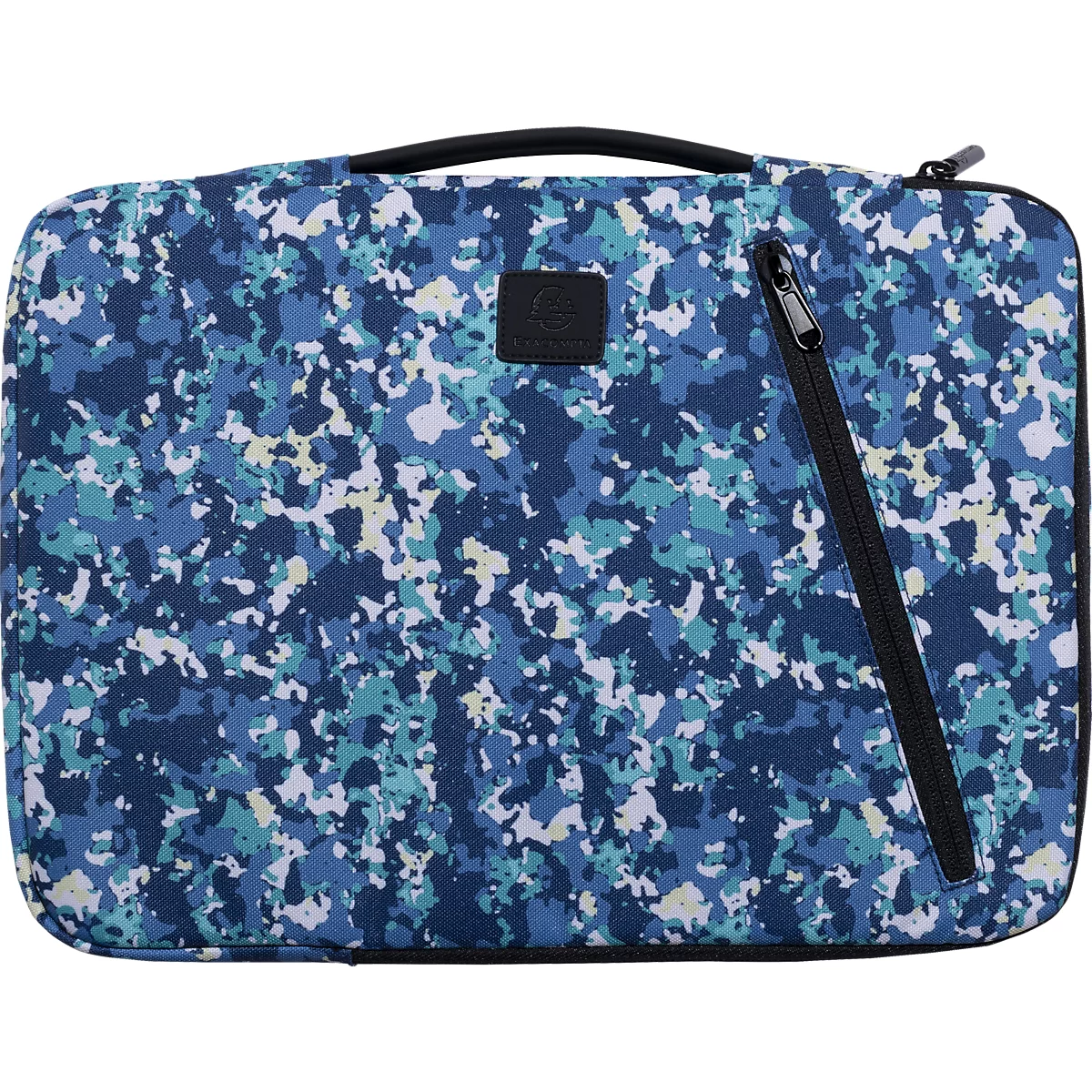 Blaue Laptoptasche mit Camouflage-Muster, schwarzem Reißverschluss und Griff.