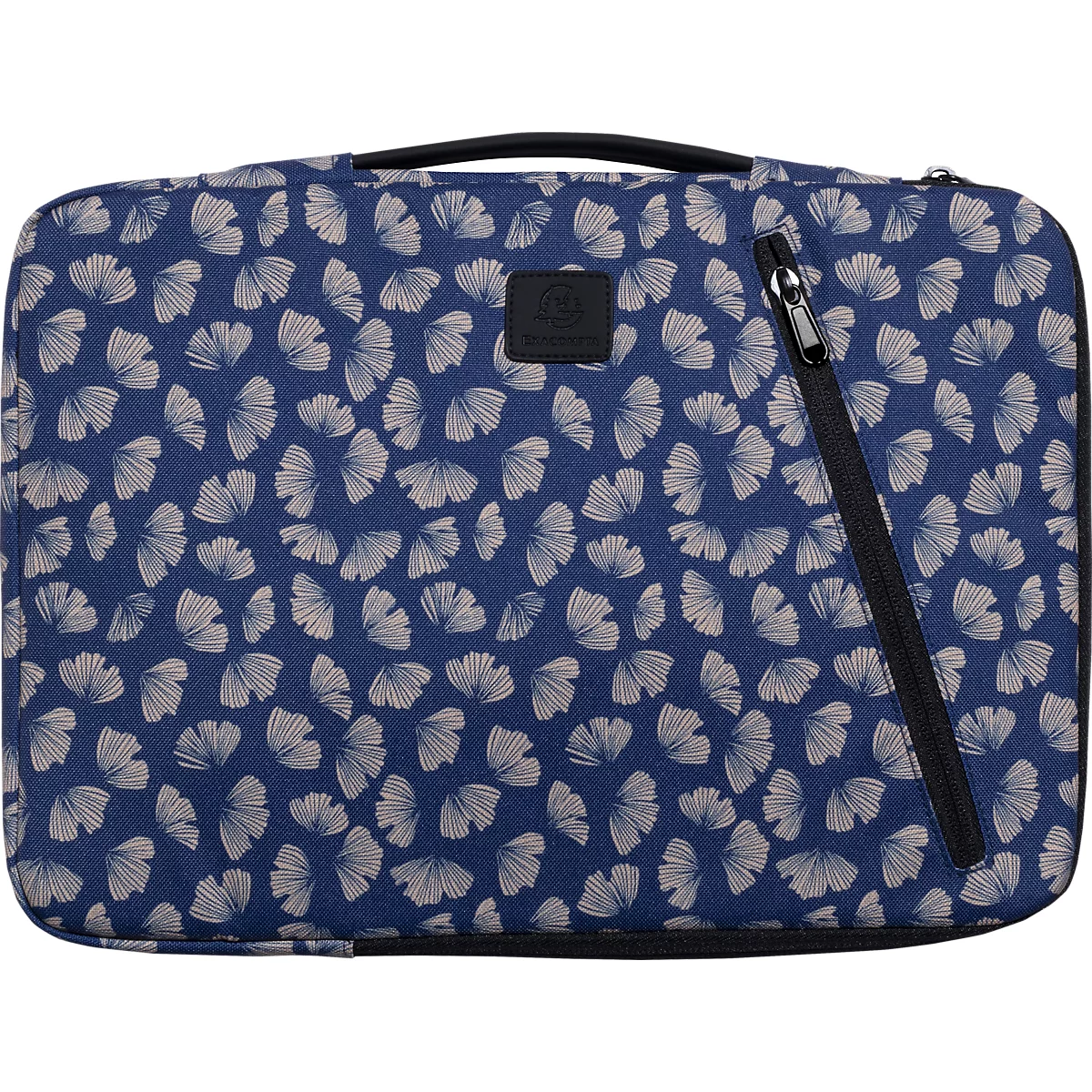 Blaue Laptoptasche mit Ginkgo-Blatt-Muster und schwarzem Reißverschluss.