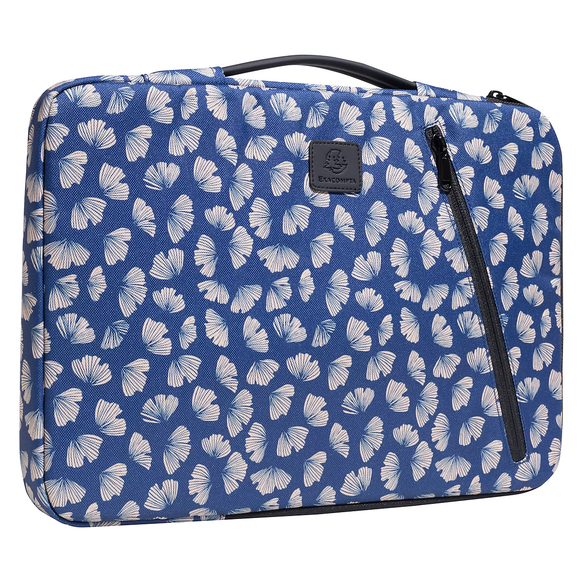 Blau-weiß gemusterte Laptoptasche mit Tragegriff und Reißverschluss.