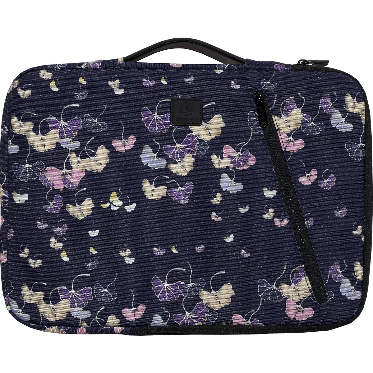 Sacoche pour ordinateur portable bleu foncé avec motif de feuilles de ginkgo en violet, rose et crème. Fermeture éclair et poignée noires.