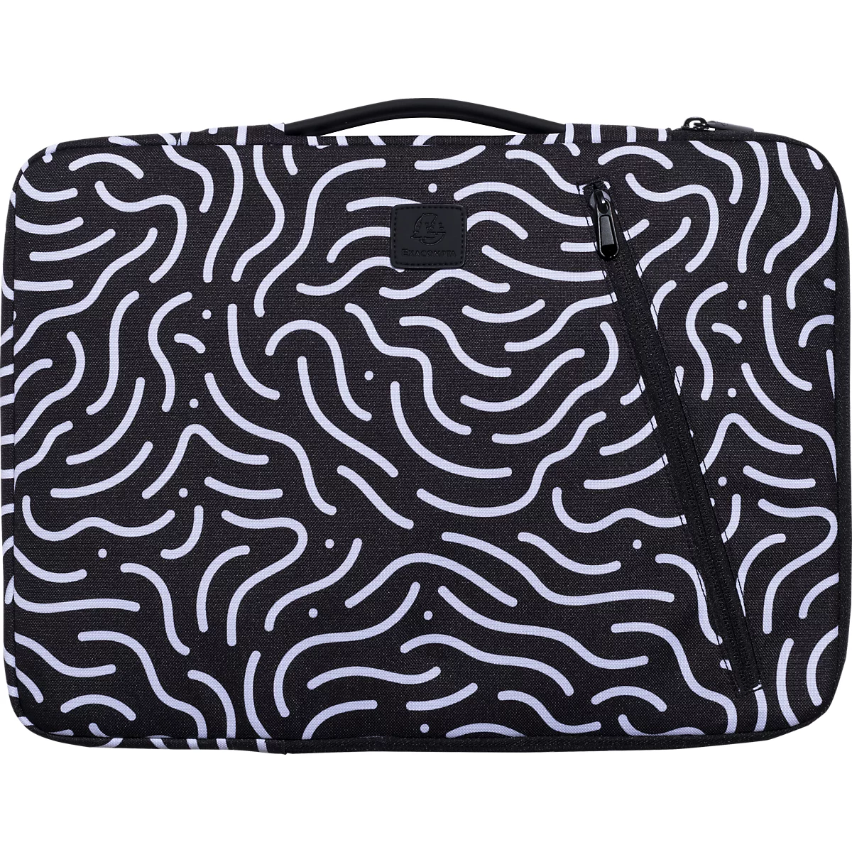 Sacoche pour ordinateur portable noire avec motif ondulé blanc, poignée et fermeture éclair.