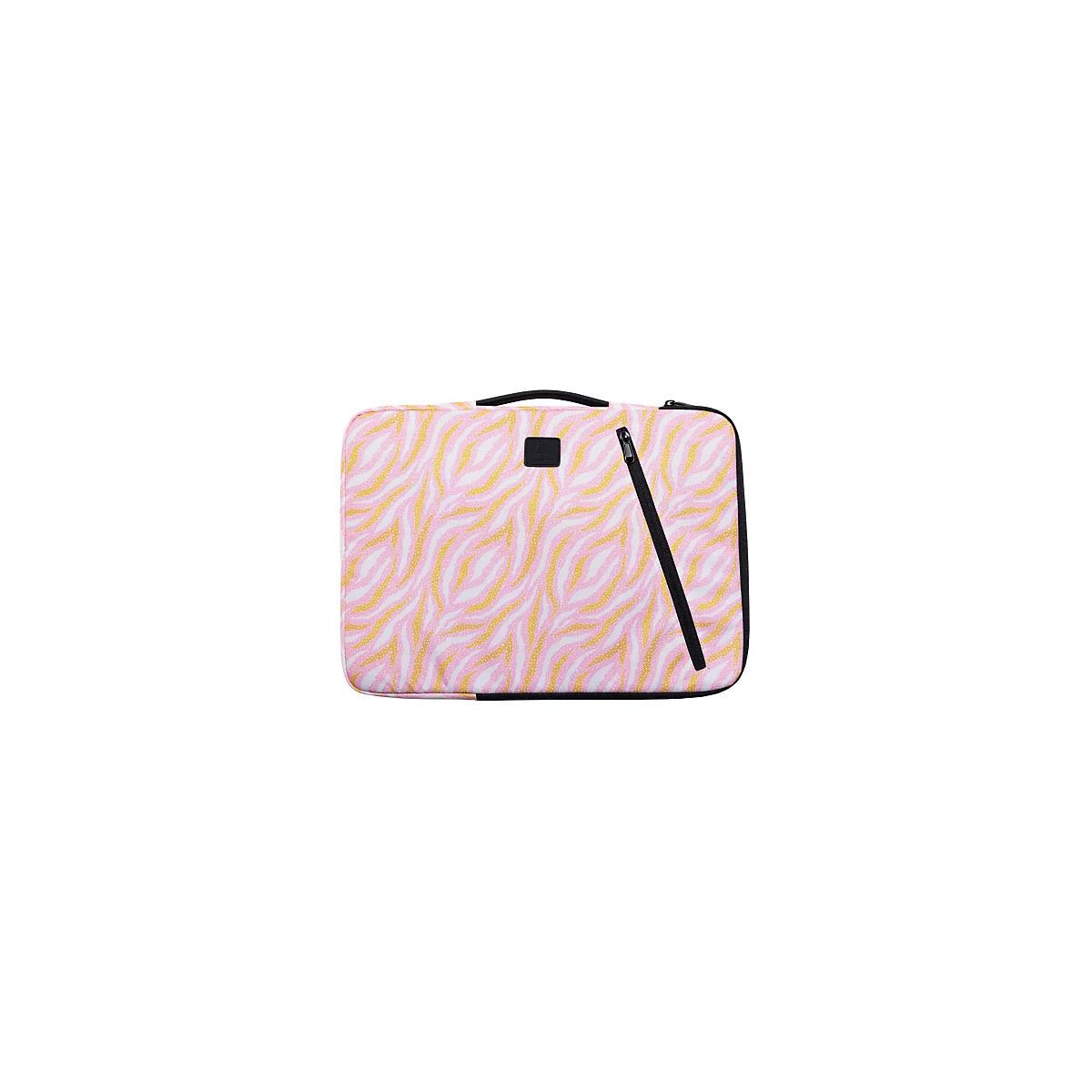 Sac d'ordinateur portable à motifs roses et jaunes avec fermeture éclair et poignée noirs.