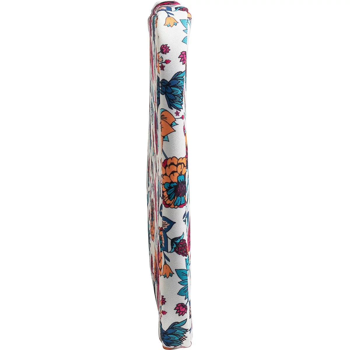 Un sac étroit et vertical, entièrement imprimé de fleurs colorées sur fond blanc.
