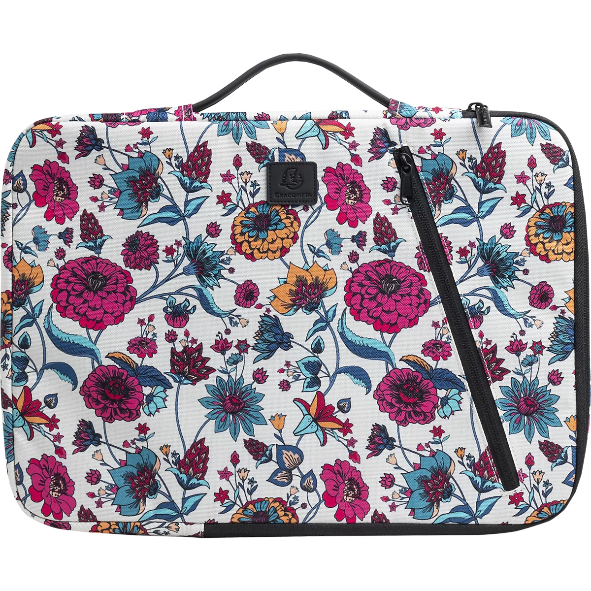 Sac à motifs floraux : fond blanc avec des fleurs colorées, fermeture éclair noire, poignée.