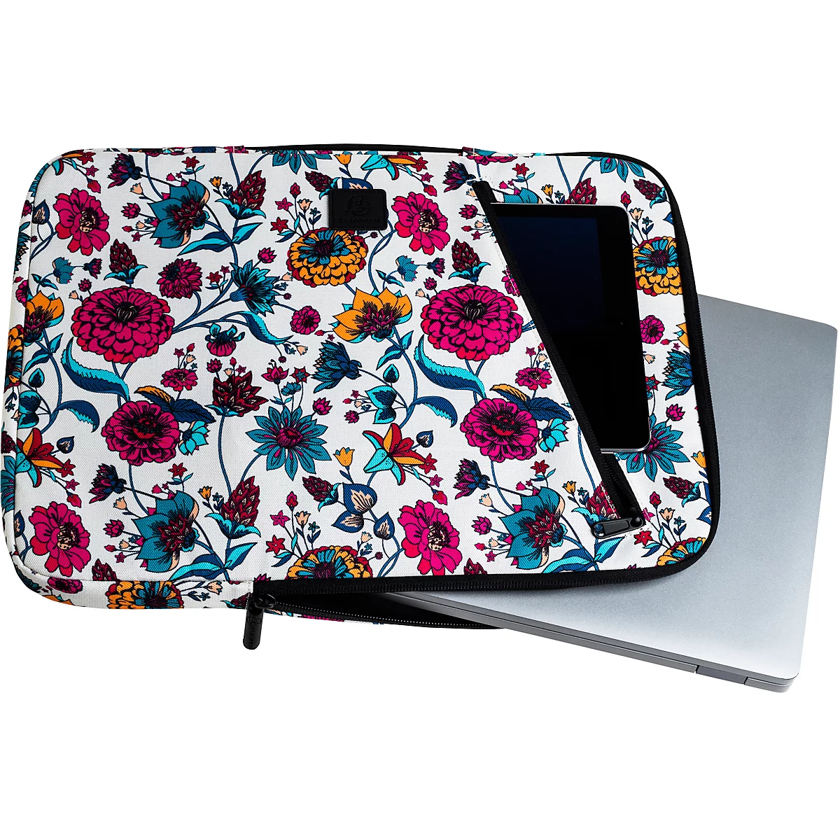 Housse d'ordinateur portable à motif floral. L'ordinateur portable est à l'intérieur de l'étui. Le fond est blanc.