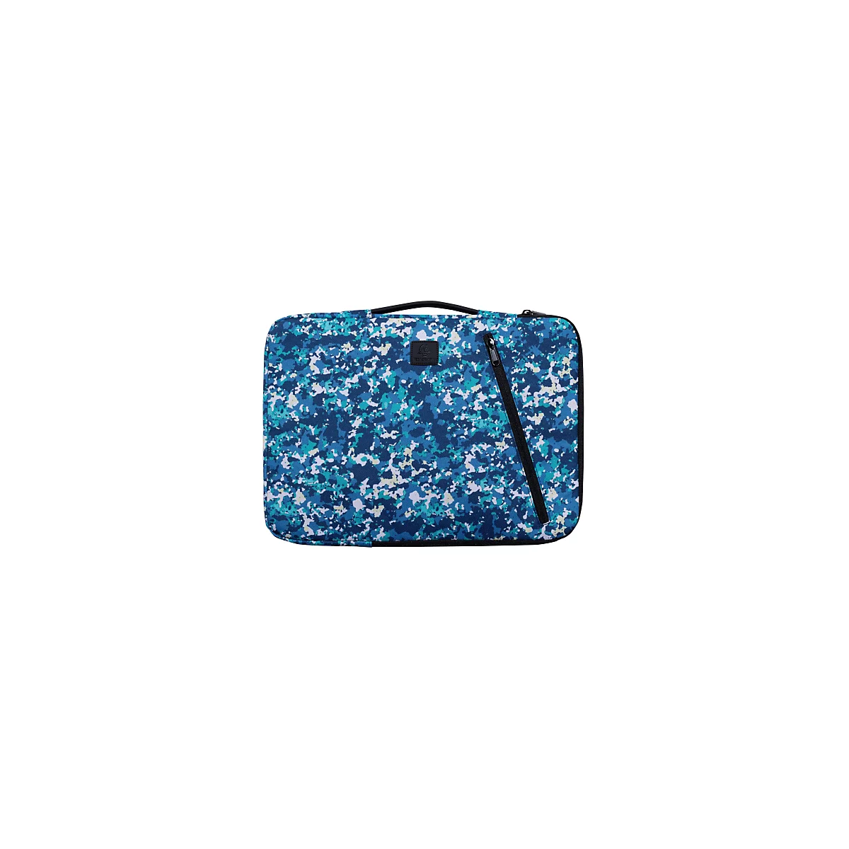Housse d'ordinateur portable bleue avec motif camouflage, fermeture éclair et poignée noirs.