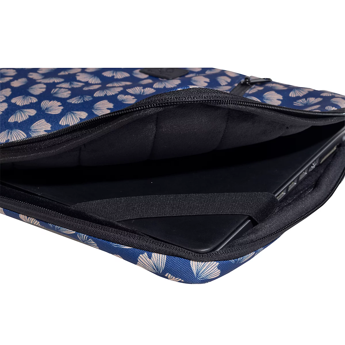 Housse d'ordinateur portable bleue avec motif de feuilles, fermeture éclair, ordinateur portable partiellement visible.