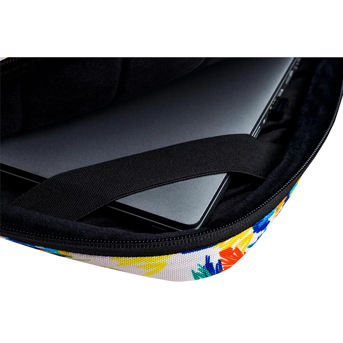Laptop in einer Hülle mit floralem Muster. Schwarzer Laptop mit schwarzem Haltegurt. Blühende Blumen in Gelb, Blau und Orange.
