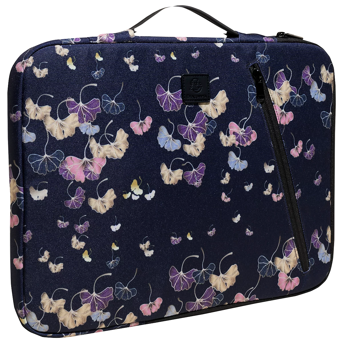 Dunkelblaue Laptoptasche mit Ginkgo-Blattmuster. Reißverschluss, Tragegriff. Detailansicht.