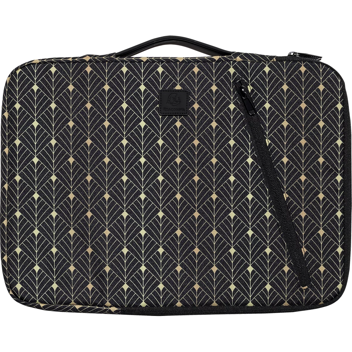 Schwarze Laptoptasche mit goldfarbenem Art-Déco-Muster, Griff, Reißverschluss.