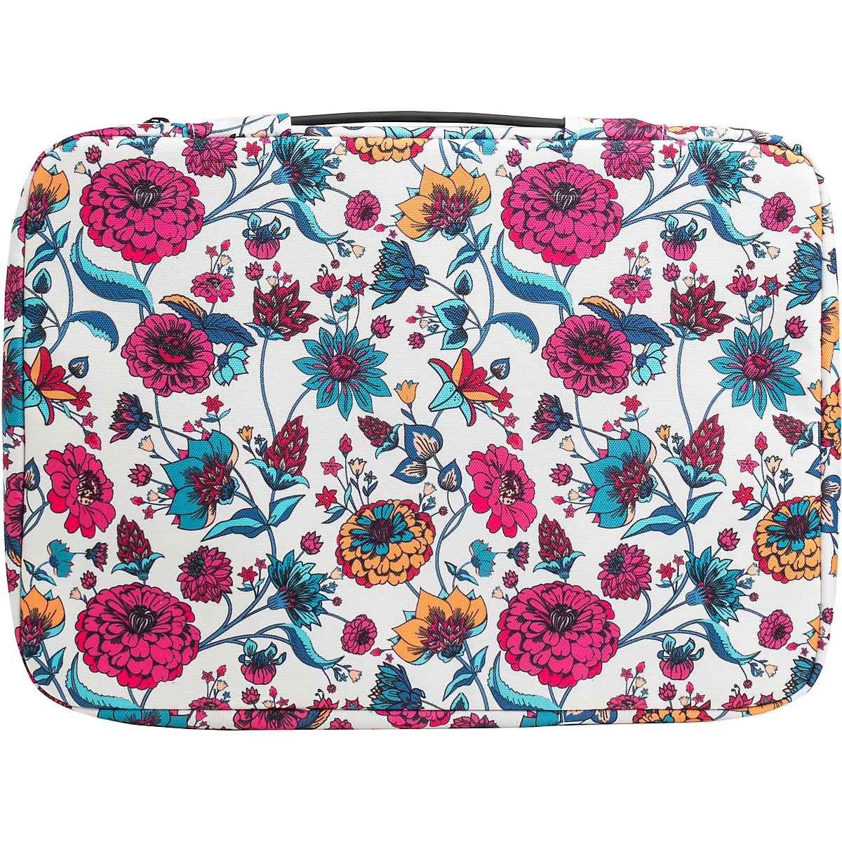 Reisetasche mit floralem Muster. Rosa, gelbe und blaue Blumen auf weißem Grund.