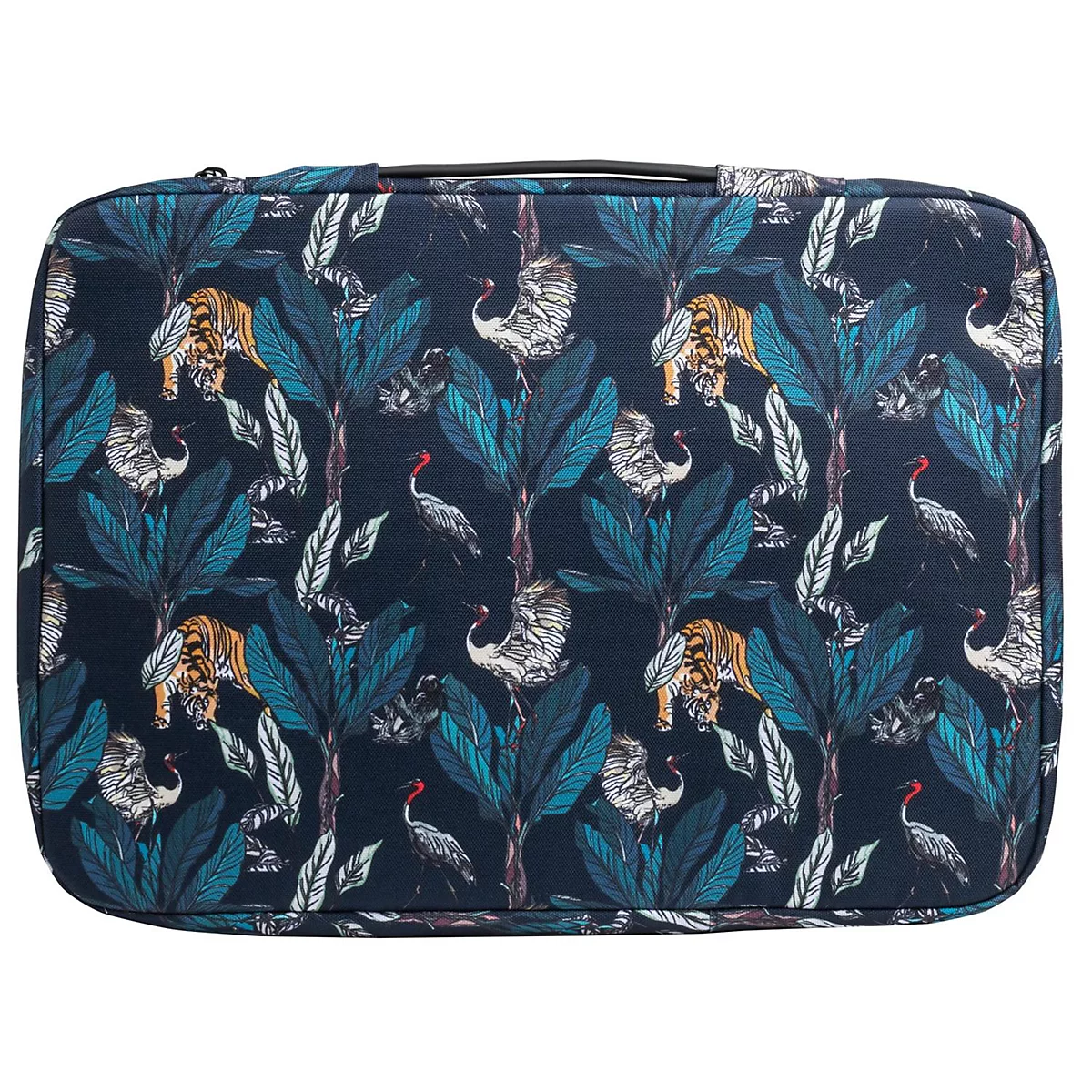 Eine rechteckige Kosmetiktasche mit einem Muster aus Tigern, Kranichen und Blättern in Blau und Türkis.