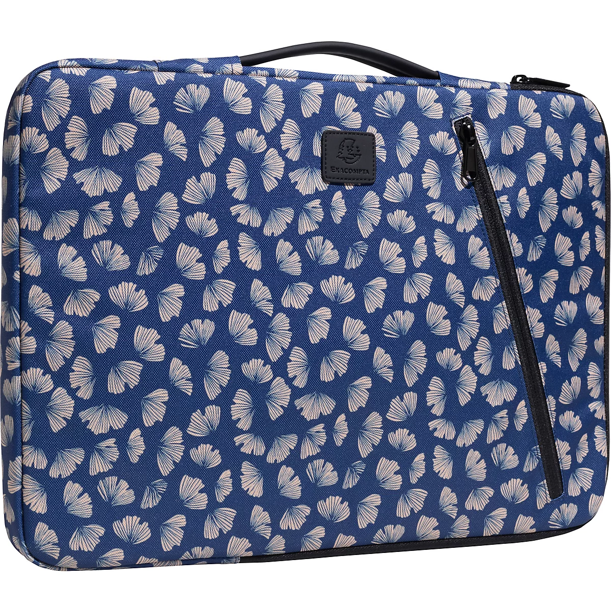 Blaue Tasche mit Ginko-Blättern. Schwarzer Reißverschluss, Griff und Logo-Etikett.