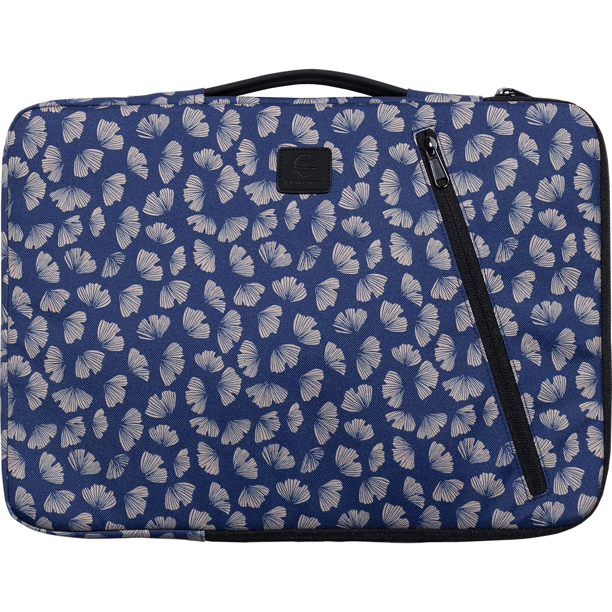 Blaue Laptoptasche mit Ginkgo-Blattmuster und schwarzem Reißverschluss.