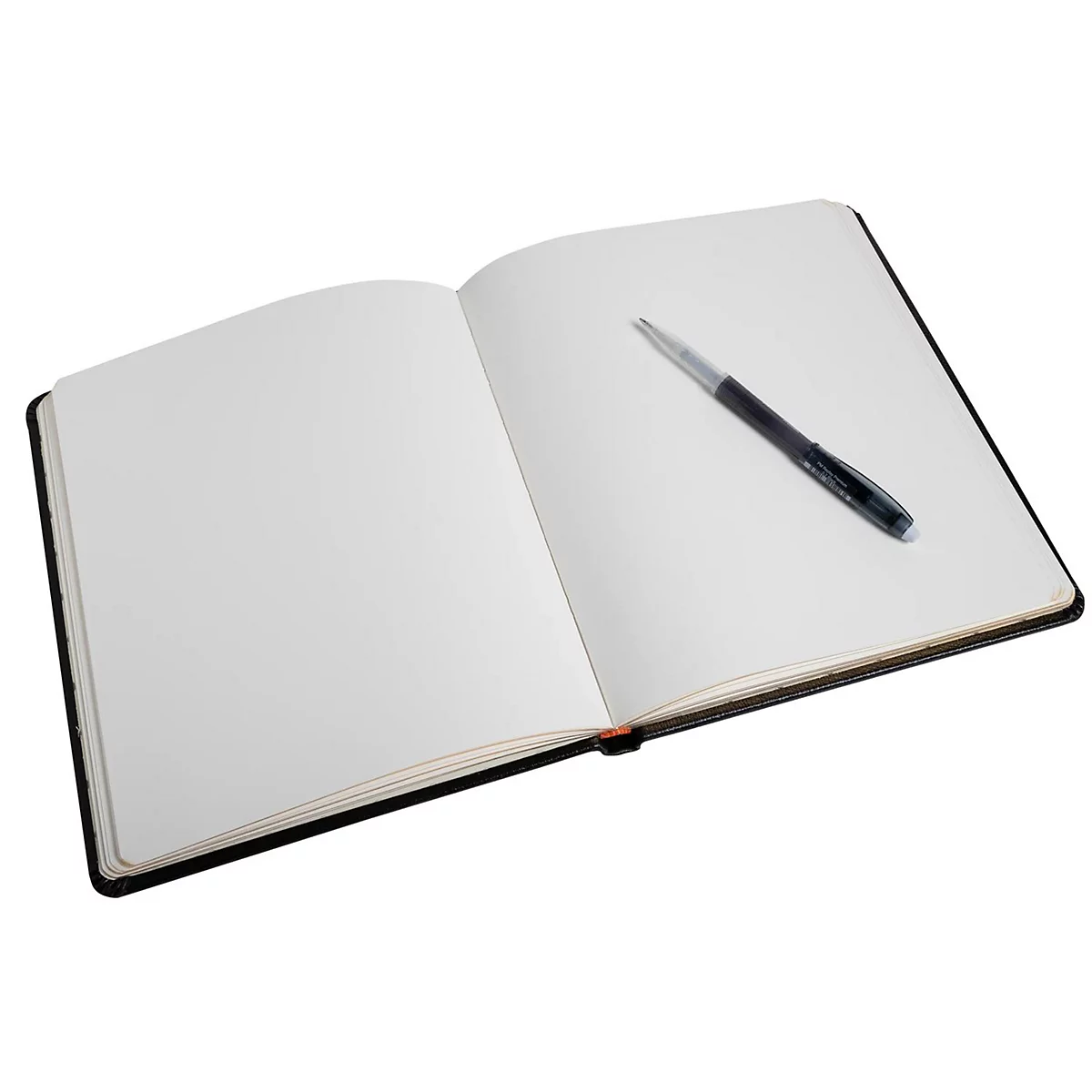 Un cahier ouvert avec du papier blanc vierge, à côté un stylo noir. Le fond est blanc.