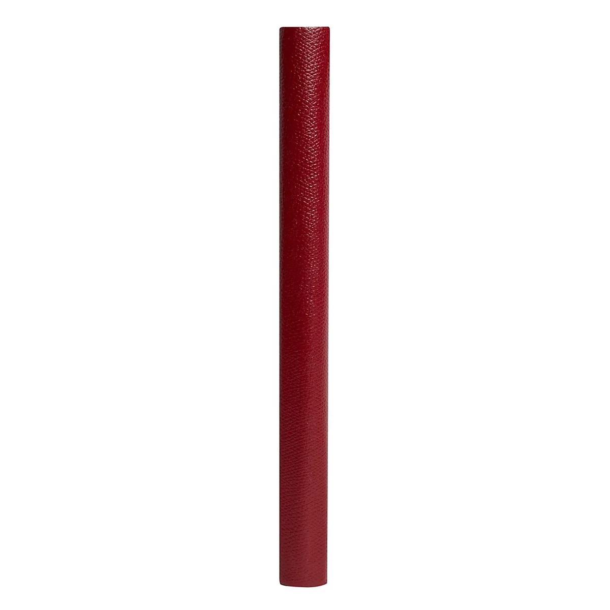 Morceau de cuir cylindrique, rouge foncé, dressé sur fond blanc.