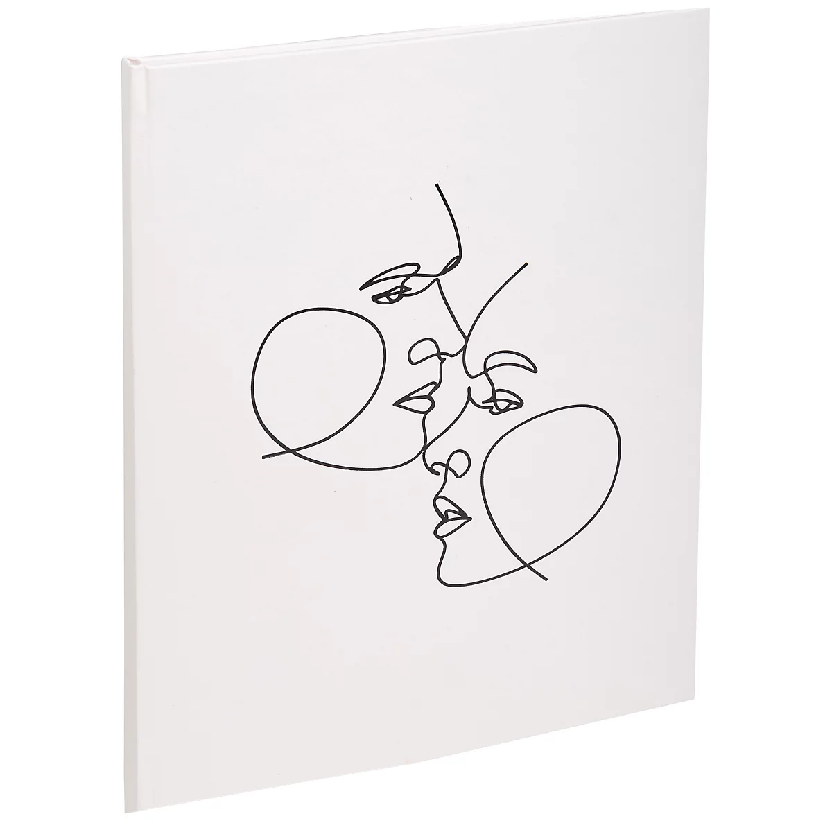 Une décoration murale carrée blanche montrant deux visages représentés par un dessin au trait noir. Ils se touchent.