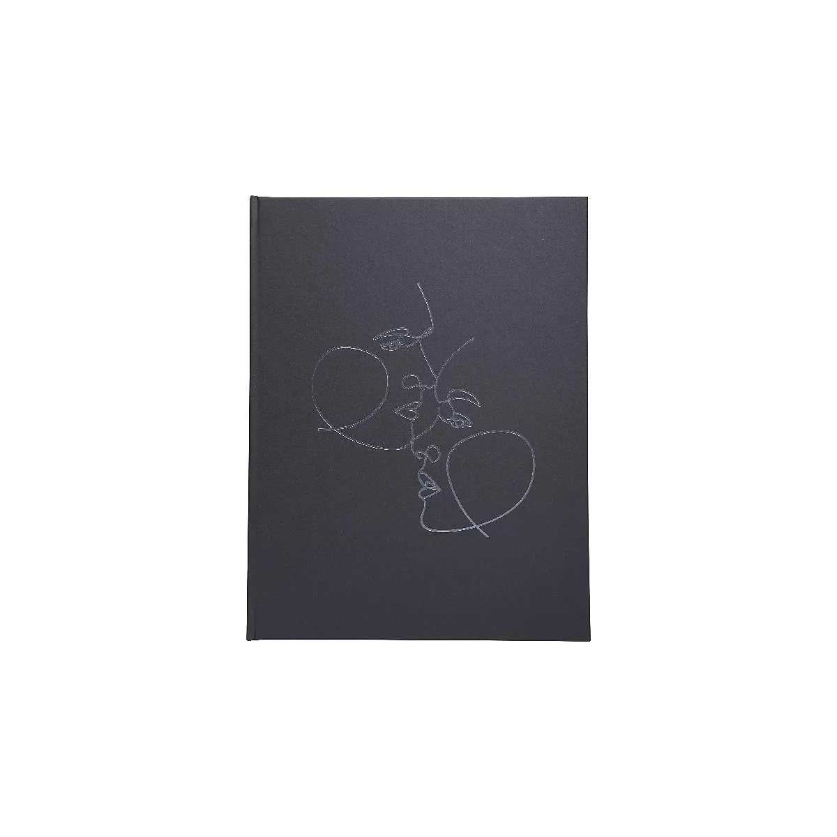 Carnet noir avec dessin au trait argenté de deux visages. Un grand cercle sur le côté gauche.