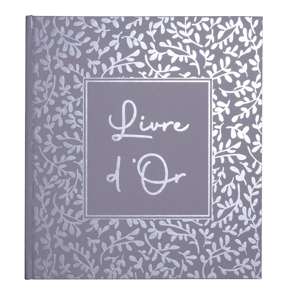 Livre gris avec feuilles argentées, avec l'inscription 'Livre d'Or'.