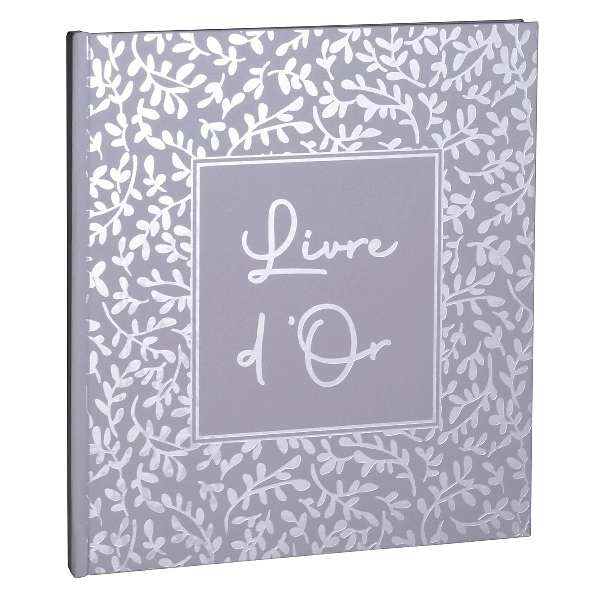 Livre gris avec inscription Livre d'Or, motif floral.