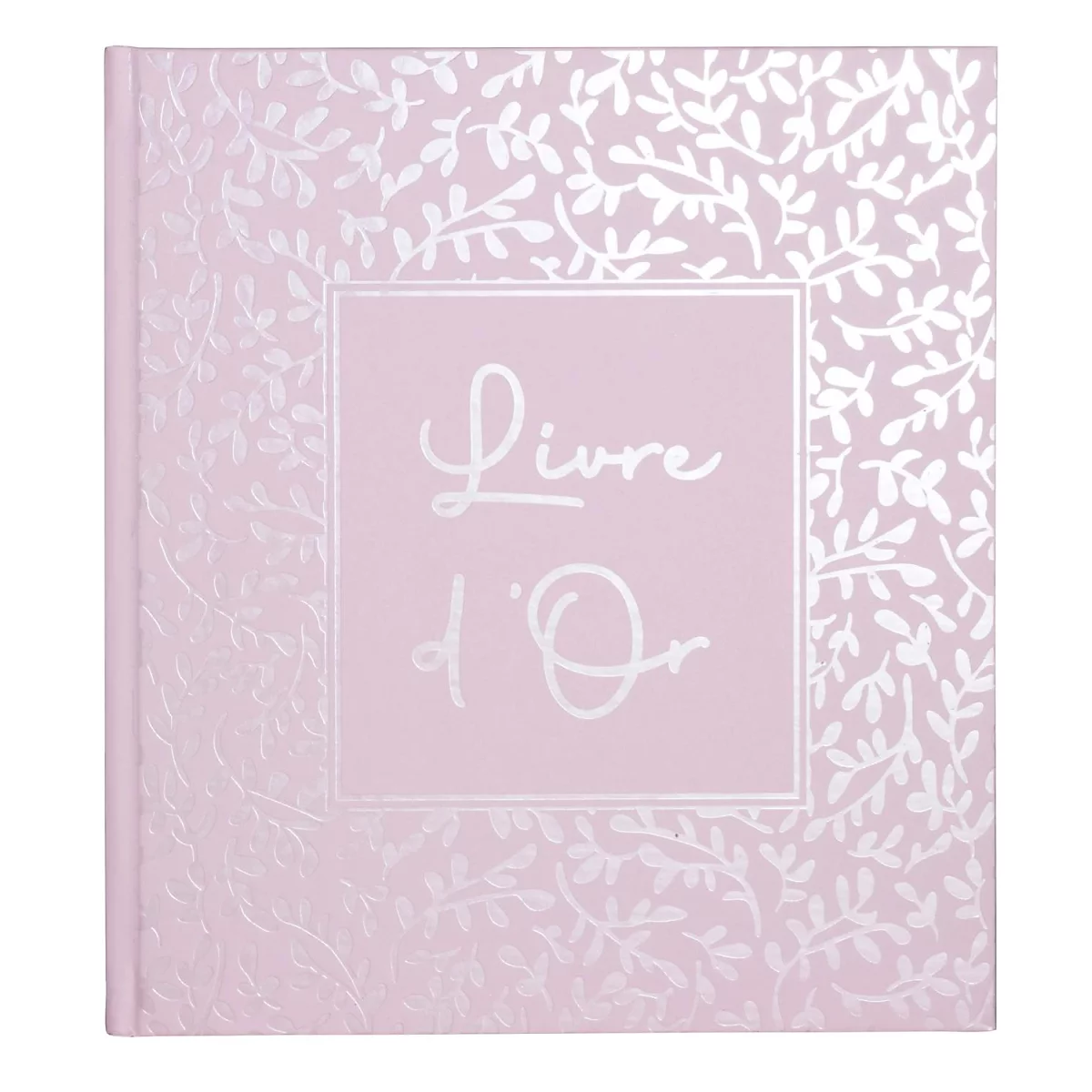 Livre rose clair avec motif de feuilles argentées. La couverture porte l'inscription "Livre d'Or" en cursive.