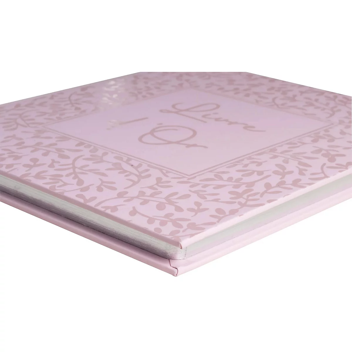 Livre rose clair avec inscription dorée "L'Or". Motif floral encadrant la page de titre.