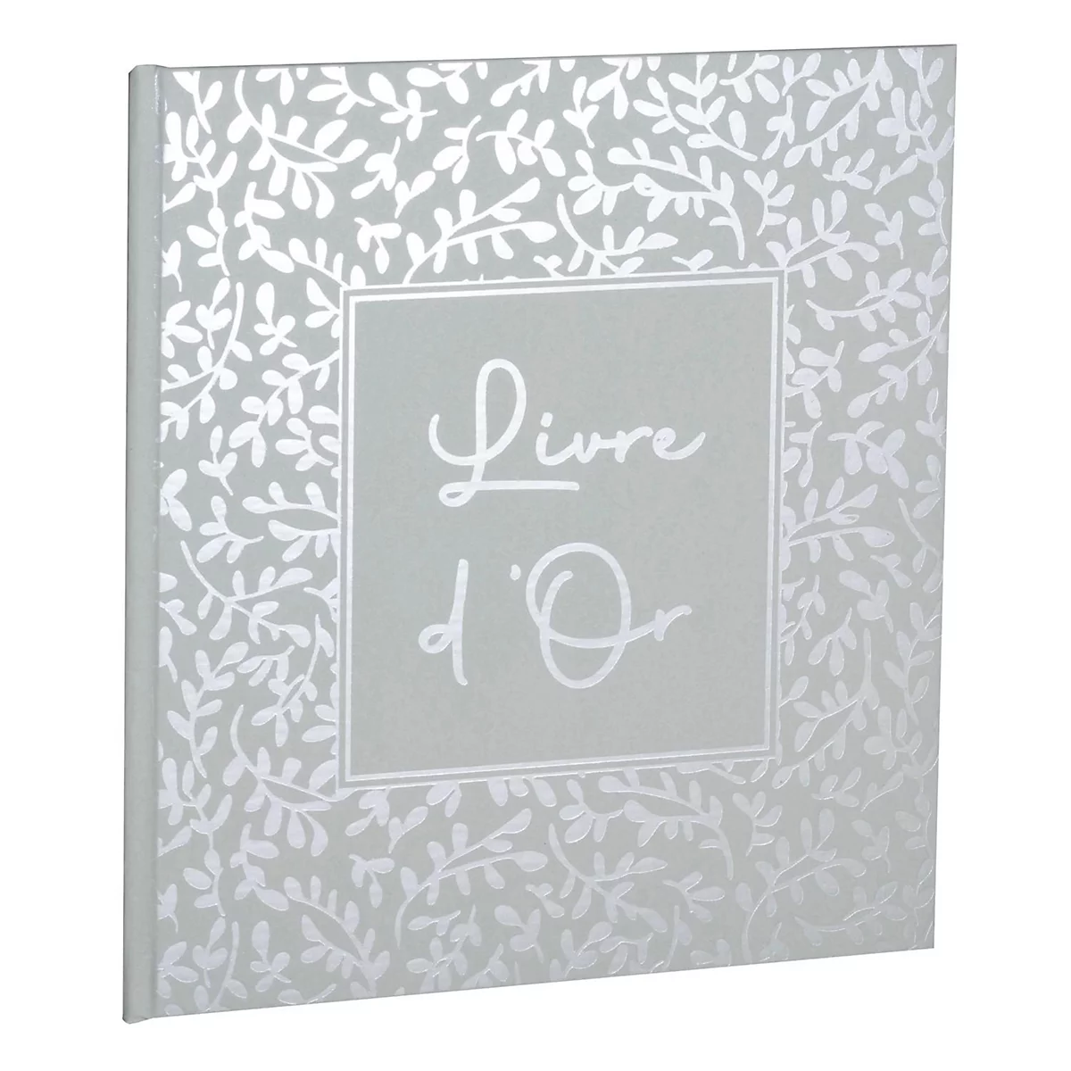 Livre d'or gris clair imprimé de feuilles et du texte 'Livre d'Or'.