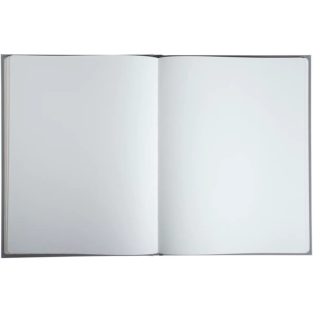 Un carnet ouvert avec des pages blanches vierges. La couverture est grise.