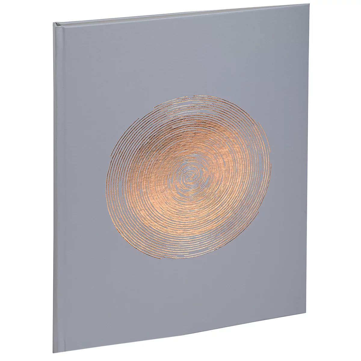 Couverture de livre carrée grise avec des cercles concentriques et en spirale en cuivre. Le livre est présenté légèrement incliné.